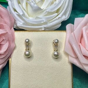 14k Posts Elegant Wedding Pearl Drop Earrings with Crystal Accents